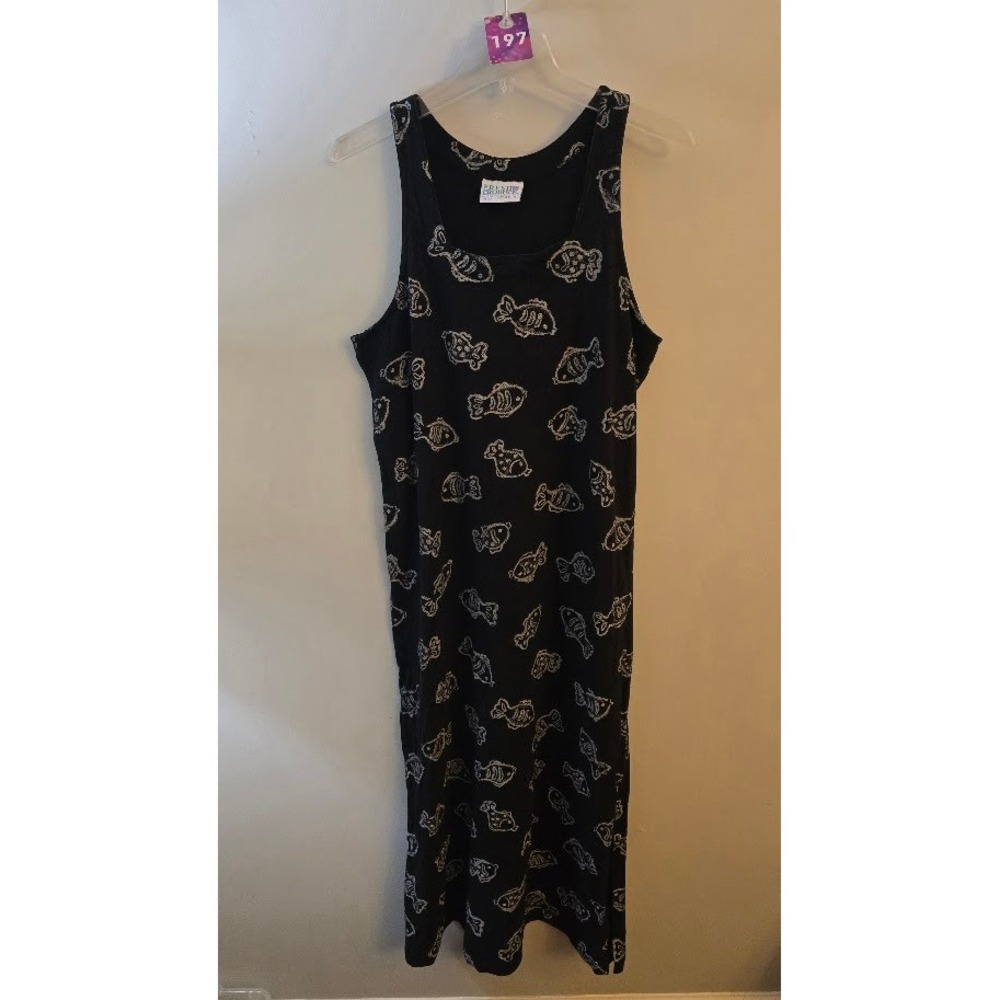 Vintage Fresh Produce Womens Tank Dress Black Fish Print 100%Cotton Midi Size M